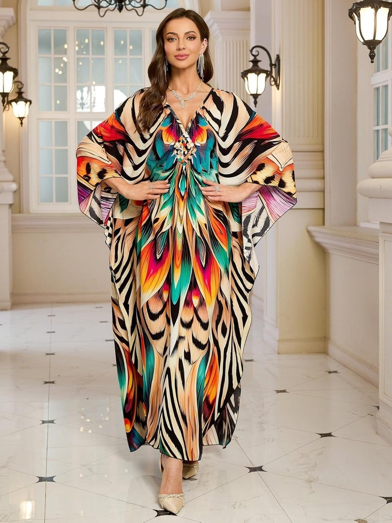 KEYLORTING Women’s Kaftan Beach Cover Up Dress Plus Size Summer Swimsuit Loungewear Maxi Dress - Image 2
